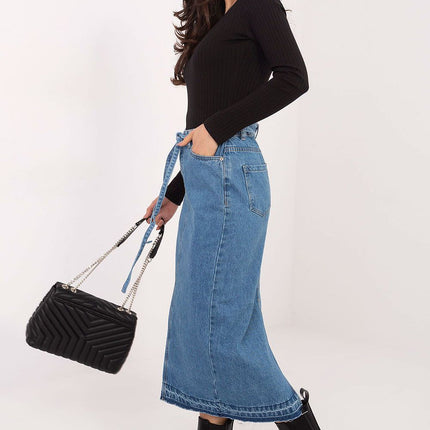 Denim Midi Skirt With Back Slit Made Of High Quality Cotton For Everyday Wear - Très Elite