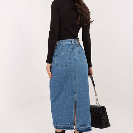 Denim Midi Skirt With Back Slit Made Of High Quality Cotton For Everyday Wear - Très Elite