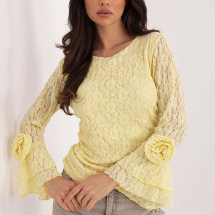 Italy Moda Elegant Lace Blouse with Sheer Sleeves & High Neck