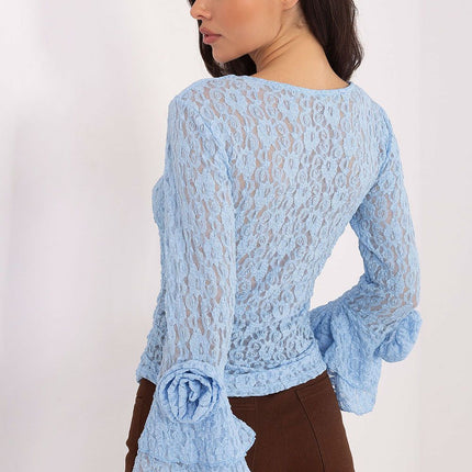Italy Moda Elegant Lace Blouse with Sheer Sleeves & High Neck