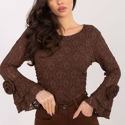 Italy Moda Elegant Lace Blouse with Sheer Sleeves & High Neck
