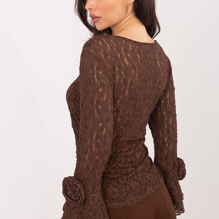 Italy Moda Elegant Lace Blouse with Sheer Sleeves & High Neck
