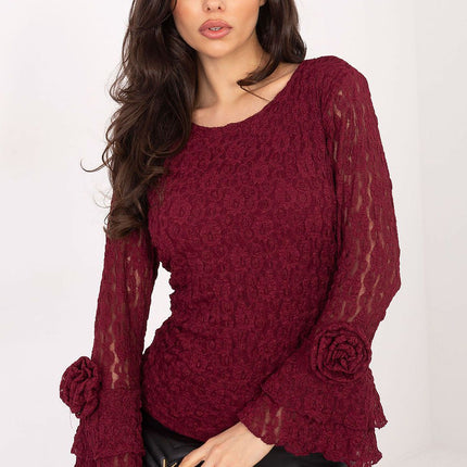 Italy Moda Elegant Lace Blouse with Sheer Sleeves & High Neck