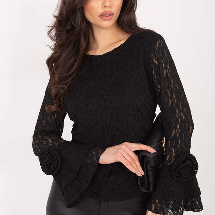 Italy Moda Elegant Lace Blouse with Sheer Sleeves & High Neck