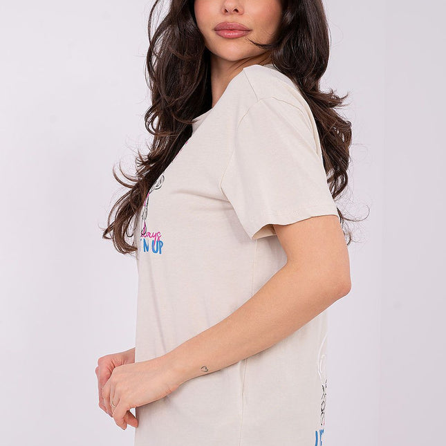 Womens Casual Soft Cotton T Shirt With Front Print And Inscription - Très Elite