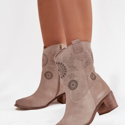 Womens Natural Suede Ankle Boots With Lace Pattern On Stable Block Heel - Très Elite