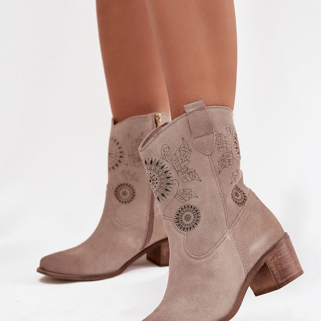 Womens Natural Suede Ankle Boots With Lace Pattern On Stable Block Heel - Très Elite