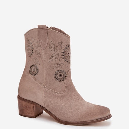 Womens Natural Suede Ankle Boots With Lace Pattern On Stable Block Heel - Très Elite