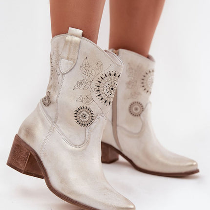 Womens Natural Suede Ankle Boots With Lace Pattern On Stable Block Heel - Très Elite