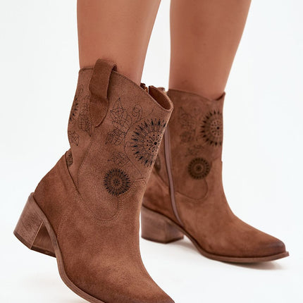 Womens Natural Suede Ankle Boots With Lace Pattern On Stable Block Heel - Très Elite