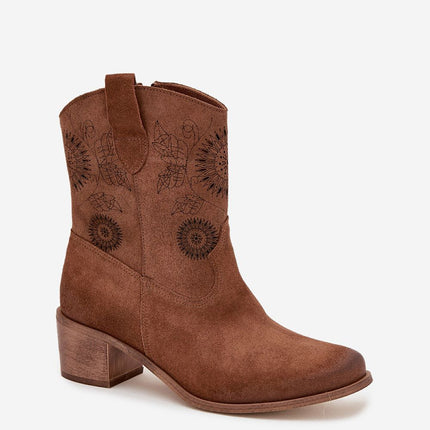 Womens Natural Suede Ankle Boots With Lace Pattern On Stable Block Heel - Très Elite