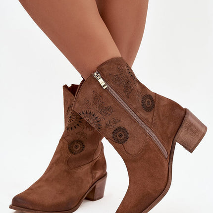 Womens Natural Suede Ankle Boots With Lace Pattern On Stable Block Heel - Très Elite