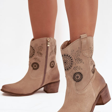 Womens Natural Suede Ankle Boots With Lace Pattern On Stable Block Heel - Très Elite