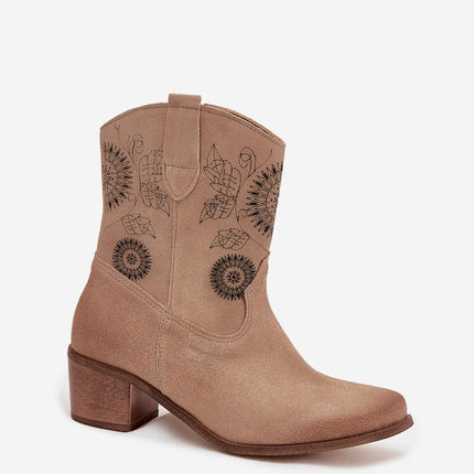 Womens Natural Suede Ankle Boots With Lace Pattern On Stable Block Heel - Très Elite