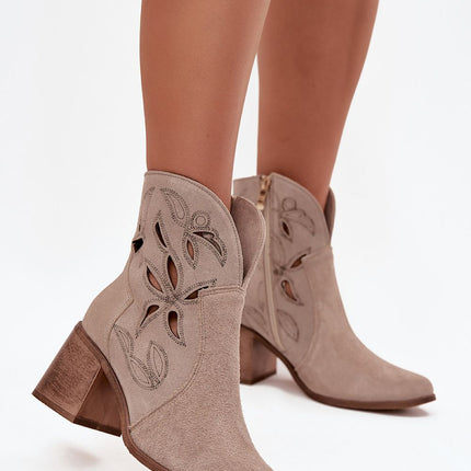 Women's Ankle Boots Natural Suede With Openwork Finish And Column Heel - Très Elite