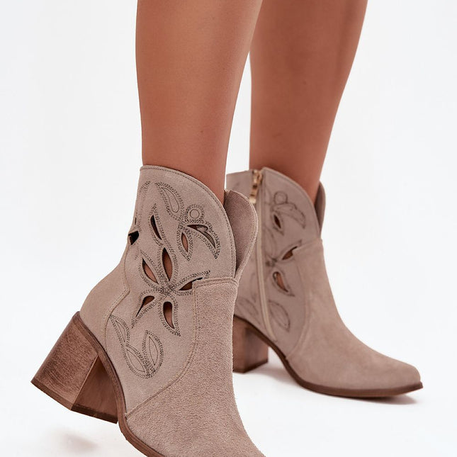 Women's Ankle Boots Natural Suede With Openwork Finish And Column Heel - Très Elite
