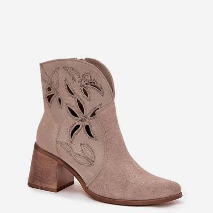 Women's Ankle Boots Natural Suede With Openwork Finish And Column Heel - Très Elite
