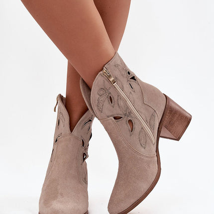 Women's Ankle Boots Natural Suede With Openwork Finish And Column Heel - Très Elite