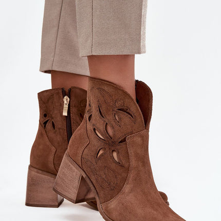 Women's Ankle Boots Natural Suede With Openwork Finish And Column Heel - Très Elite