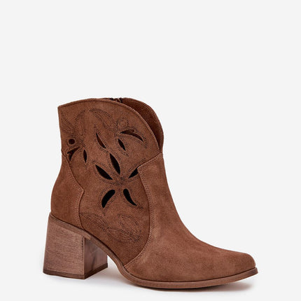 Women's Ankle Boots Natural Suede With Openwork Finish And Column Heel - Très Elite