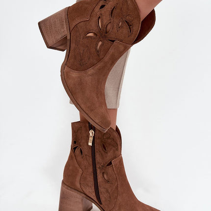 Women's Ankle Boots Natural Suede With Openwork Finish And Column Heel - Très Elite