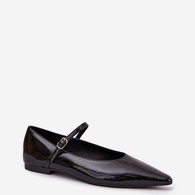 Womens Patent Eco Leather Ballet Flats Pointed Toe With Instep Strap - Très Elite