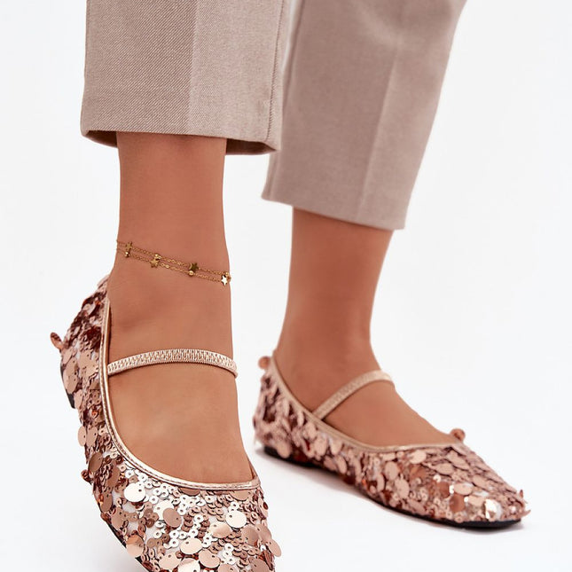 Sequined Women's Ballet Flats With Instep Strap And Round Toe Shiny Finish - Très Elite