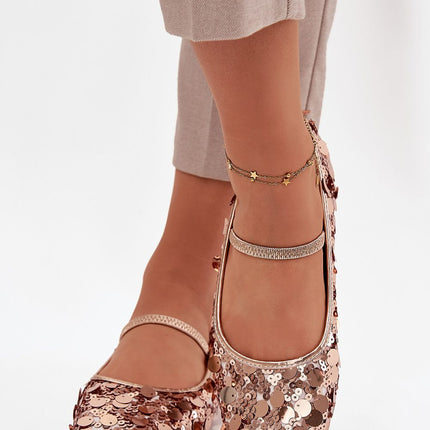 Sequined Women's Ballet Flats With Instep Strap And Round Toe Shiny Finish - Très Elite