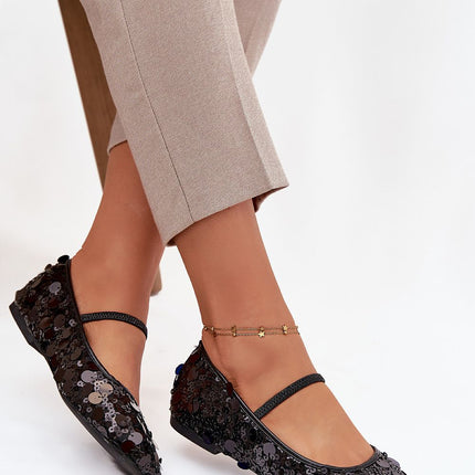Sequined Women's Ballet Flats With Instep Strap And Round Toe Shiny Finish - Très Elite