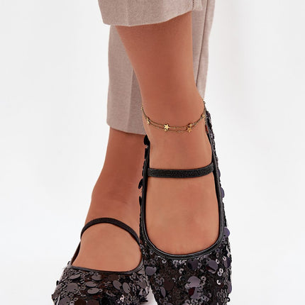 Sequined Women's Ballet Flats With Instep Strap And Round Toe Shiny Finish - Très Elite