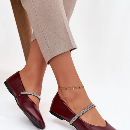 Eco Leather Womens Ballet Flats With Flat Heel And Decorative Zircon Straps - Très Elite