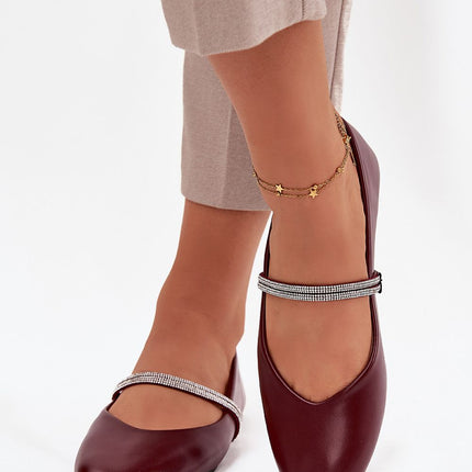 Eco Leather Womens Ballet Flats With Flat Heel And Decorative Zircon Straps - Très Elite