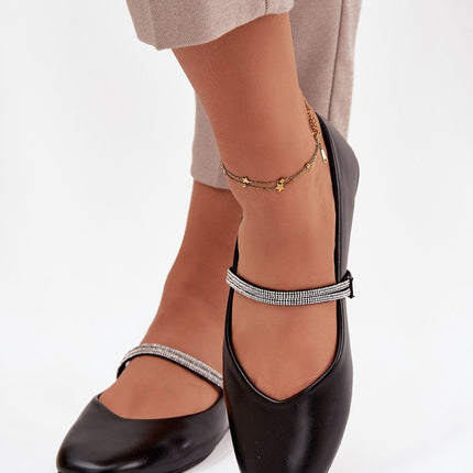 Eco Leather Womens Ballet Flats With Flat Heel And Decorative Zircon Straps - Très Elite