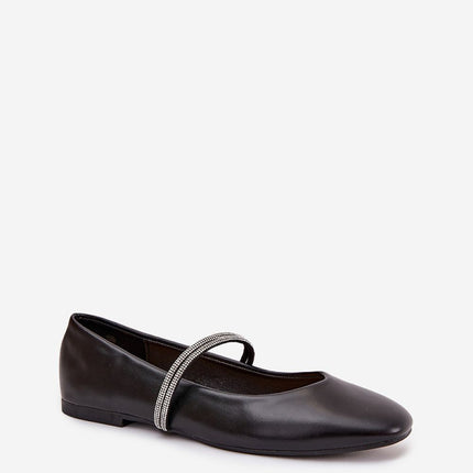 Eco Leather Womens Ballet Flats With Flat Heel And Decorative Zircon Straps - Très Elite