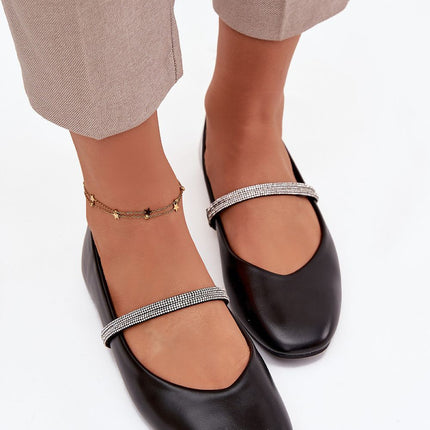Eco Leather Womens Ballet Flats With Flat Heel And Decorative Zircon Straps - Très Elite