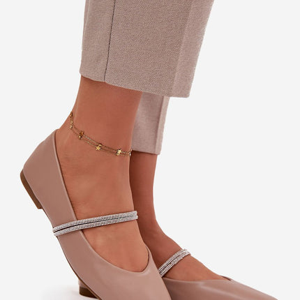 Eco Leather Womens Ballet Flats With Flat Heel And Decorative Zircon Straps - Très Elite