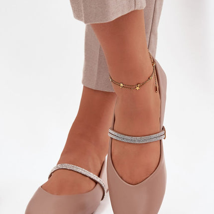 Eco Leather Womens Ballet Flats With Flat Heel And Decorative Zircon Straps - Très Elite