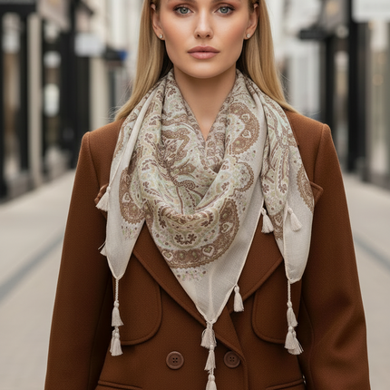Square Neckerchief Scarf with Print & Fringes – 110 cm Viscose