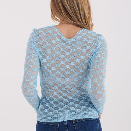 Factory Price Elegant Lace Blouse with Short Sleeves and Sheer Detail