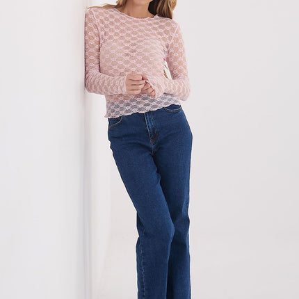 Factory Price Elegant Lace Blouse with Short Sleeves and Sheer Detail