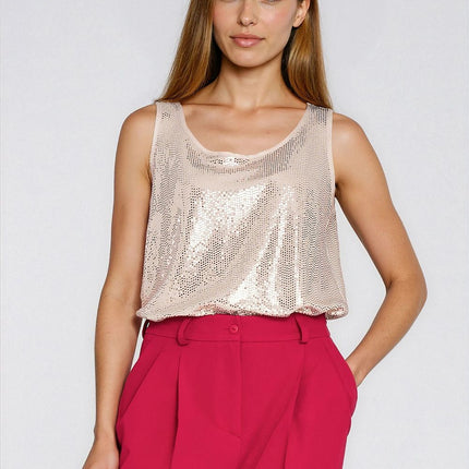 Sequined Blouse With Piped Edges Round Neck Sleeveless Evening Wear - Très Elite