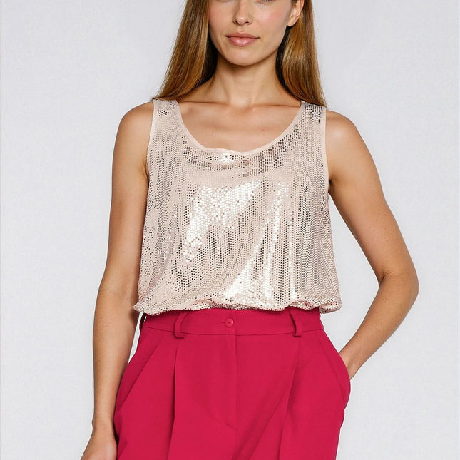 Sequined Blouse With Piped Edges Round Neck Sleeveless Evening Wear - Très Elite
