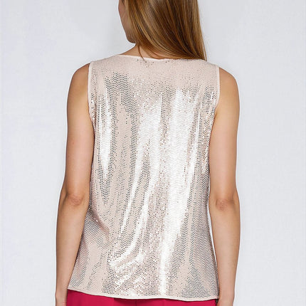Sequined Blouse With Piped Edges Round Neck Sleeveless Evening Wear - Très Elite
