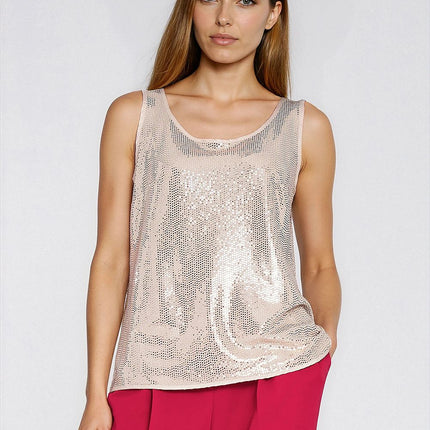 Sequined Blouse With Piped Edges Round Neck Sleeveless Evening Wear - Très Elite