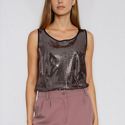 Sequined Blouse With Piped Edges Round Neck Sleeveless Evening Wear - Très Elite