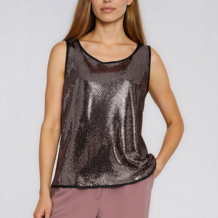 Sequined Blouse With Piped Edges Round Neck Sleeveless Evening Wear - Très Elite