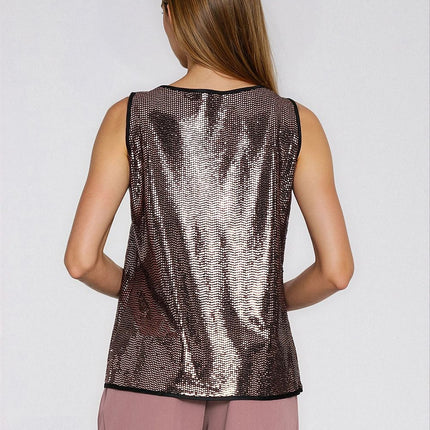 Sequined Blouse With Piped Edges Round Neck Sleeveless Evening Wear - Très Elite