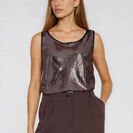 Sequined Blouse With Piped Edges Round Neck Sleeveless Evening Wear - Très Elite