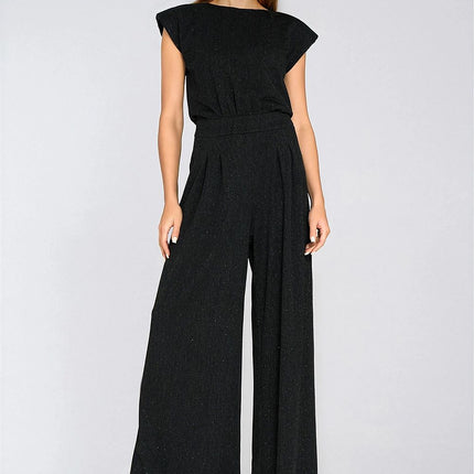 Elegant Black Sequined Knit Jumpsuit Boat Neck Regular Fit Shoulder Pads - Très Elite
