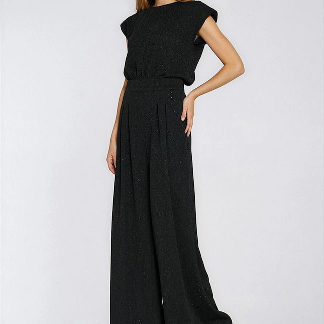 Elegant Black Sequined Knit Jumpsuit Boat Neck Regular Fit Shoulder Pads - Très Elite